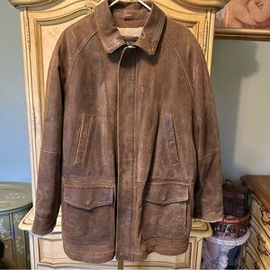 Wilsons Pelle Studio Heavy Brown Leather Sherpa Lined Mid Length Coat